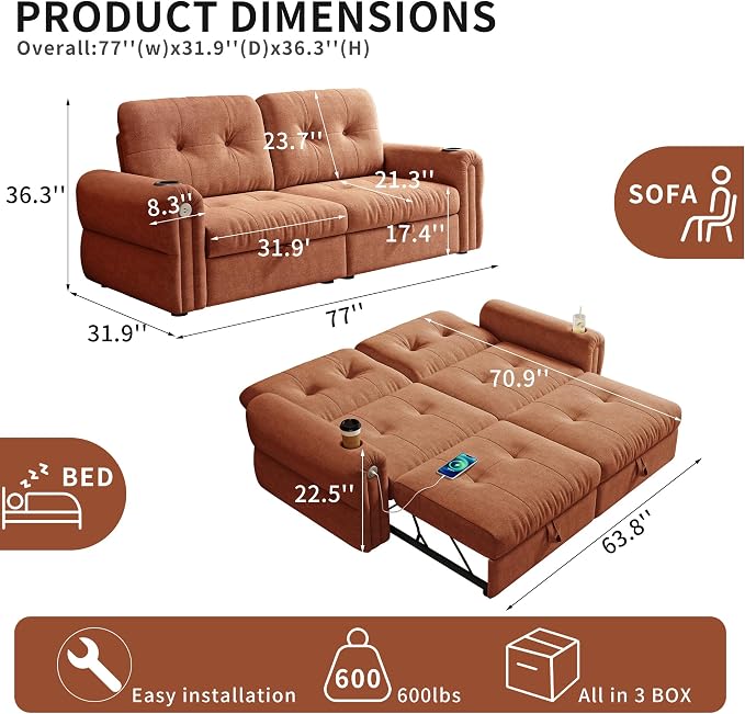 Convertible Couches, Queen Size Pull Out Sofa Bed - Image 2