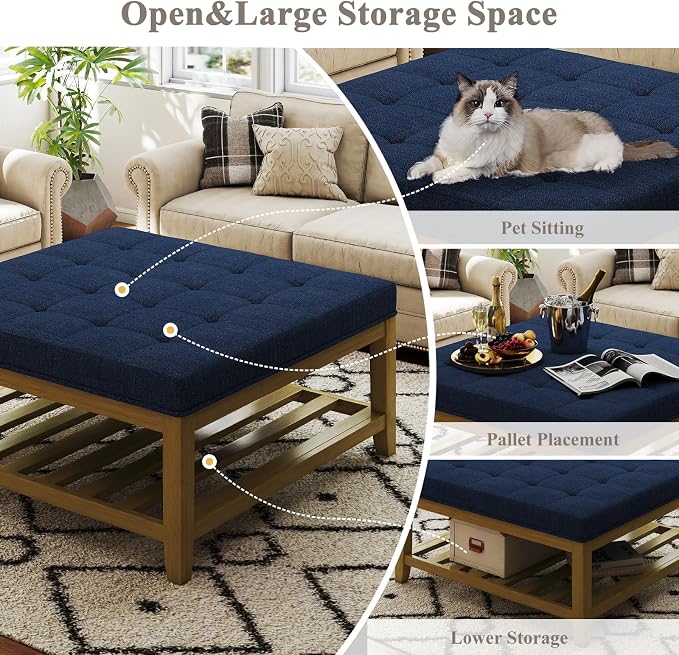 Befurtori Large Square Ottoman Coffee Table, Linen Solid Upholstered Footrest - Image 5