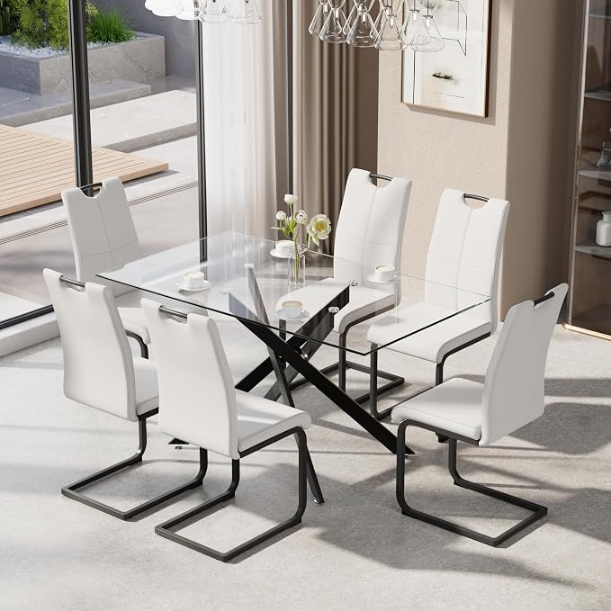 7-Piece Dining Table Set for 6, Modern Rectangular Glass Table by KATBOCFurniture