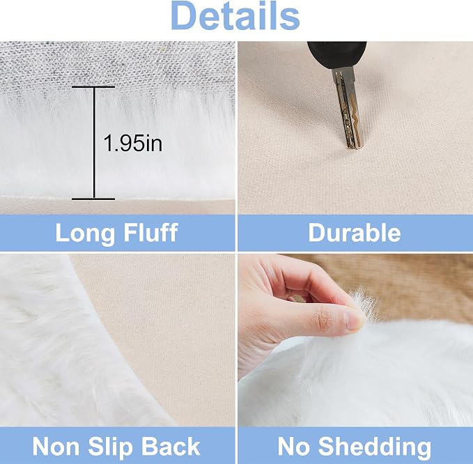 White Faux Fur Rug 2x2 Feet Small Round Fluffy Rug, Faux Sheepskin Circle Shag - Image 4
