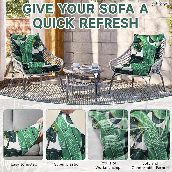 CALBODE 8 Pcs Stretch Outdoor Seat Cushion Covers, Monstera | Washable - Image 4