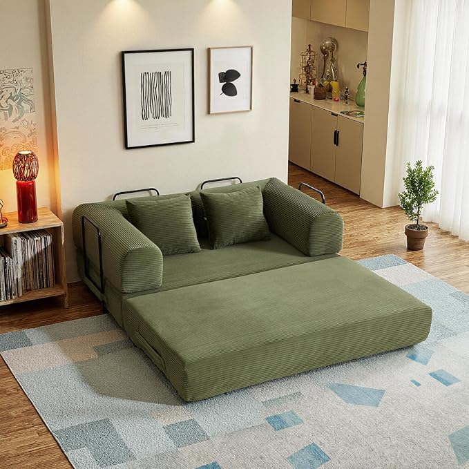 59in Convertible Sofa Bed, Corduroy Boneless Couch Bed, Futon Sleeper Sofa Pull by Unknown