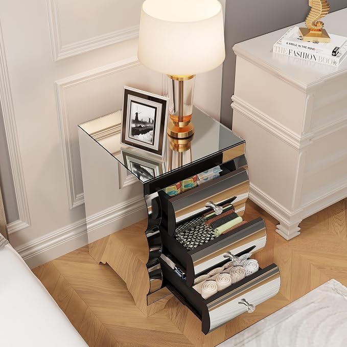 Curved Mirror Nightstand with 3 Drawer Glass Bedside Table - Image 4