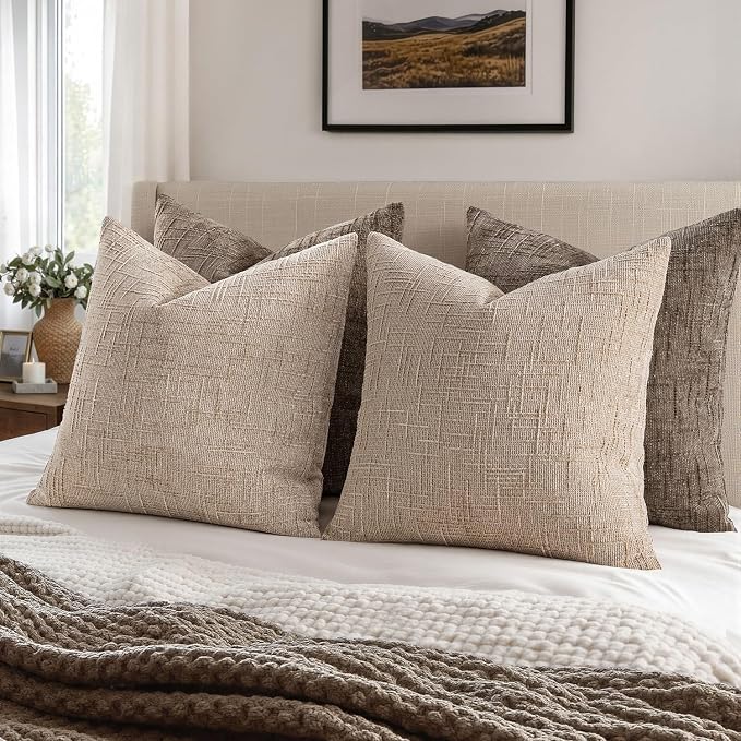 MIULEE Chenille Textured Throw Pillow Covers Oatmeal 18x18 Set of 2 | Slubby - Image 5