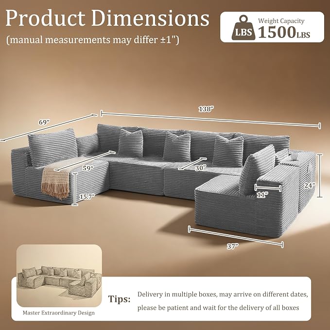138" Cloud Sectional Couch, Comfort U Shaped Sofa - Image 2