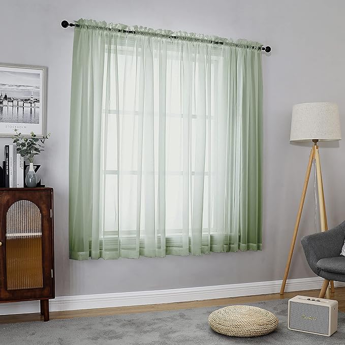 Chyhomenyc Sheer Curtains 63 Inch Length 2 Panels, Sage Green | Light Filtering - Image 3