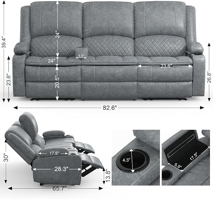 Yolsali Recliner Sofa, 3 Seater Manual Reclining Sofa - Image 2