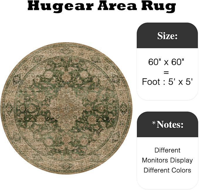 5ft Round Green Retro Floral Washable Rug - Image 2