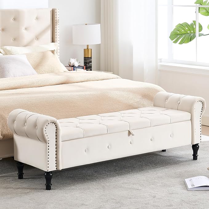 Storage Bench for Bedroom, Velvet 67" End of Bed Bench, King Size Bench by HOMYKA