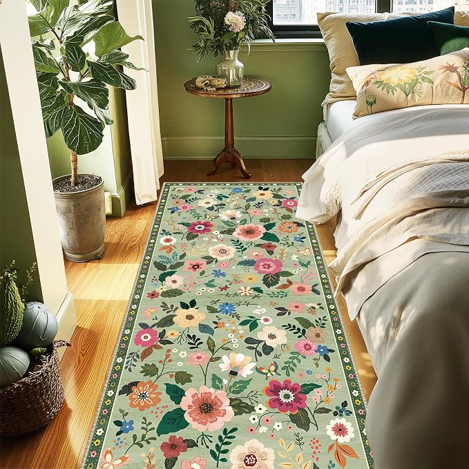 Floral Washable 2x10 Area Rugs Runner Entryway Hallway LightGreen | Flower - Image 6