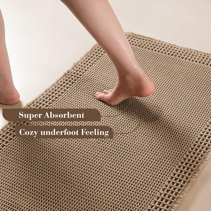 RESARE Waffle Bathroom Runner Rugs, Non Slip Boho Bath Mat 24"x60" Brown | Long - Image 3