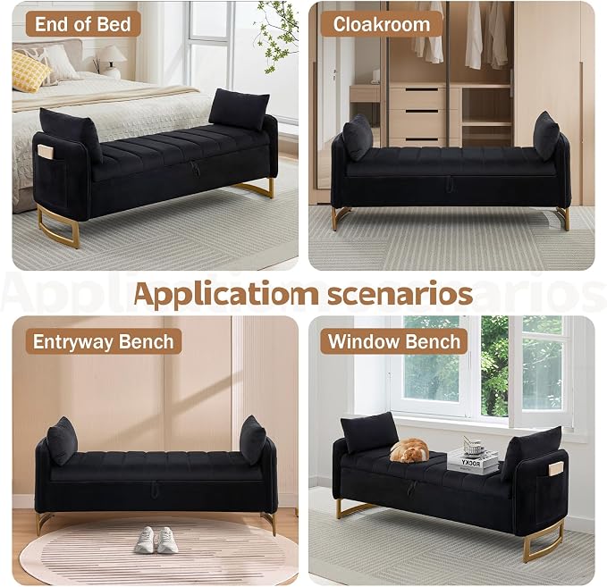 66" End of Bed Storage Bench King Size, Velvet Storage Benches - Image 8