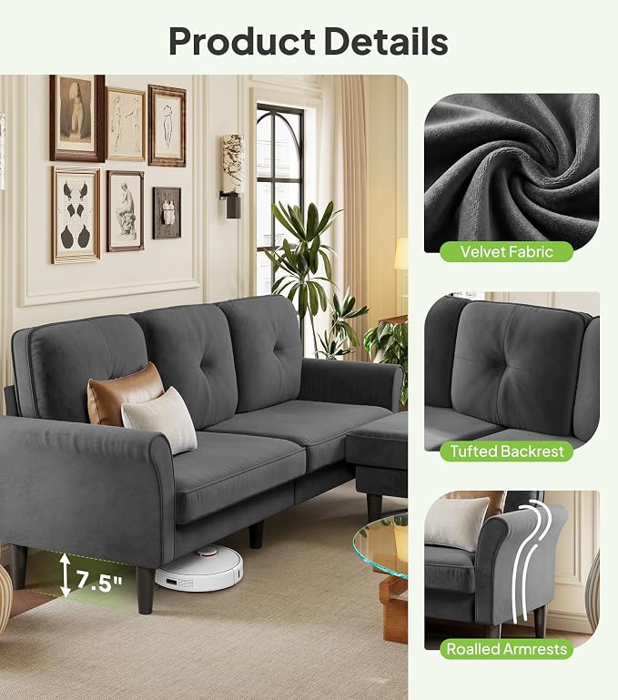Welzona Sofas for Living Room, Midcentury Modern Small Sectional Couch - Image 9