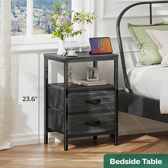 Huuger Nightstand with Charging Station, Fabric Drawers, End Table with Open - Image 2