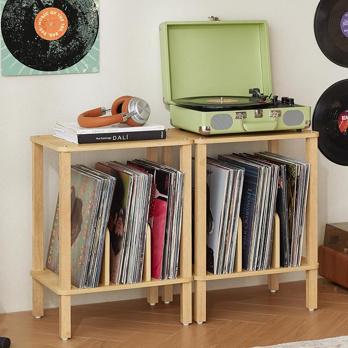 LELELINKY 2-Tier Bamboo Record Player Stand Set of 2 by LELELINKY