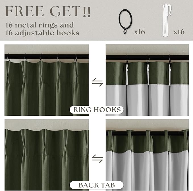 Olive Green Pleated 100% Blackout Linen Curtains 84 Inch Length | Room Darkening - Image 6