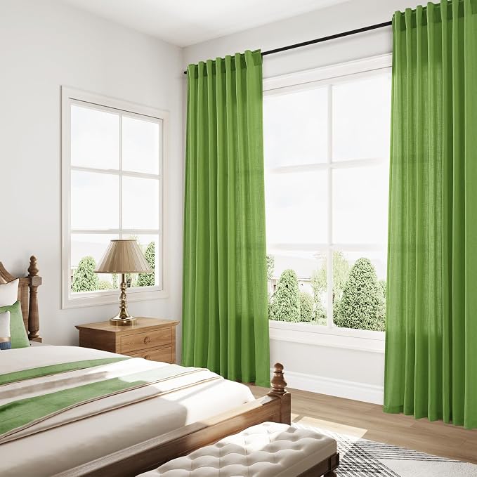 Lime Green Linen Blend Light Filtering Back Tab Curtains 96 Inches Long - Image 8