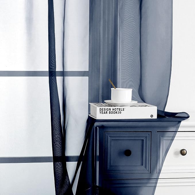 Navy Blue Sheer Curtains 96 Inches Long 2 Panels Set, Elegant Sheer Curtains - Image 2