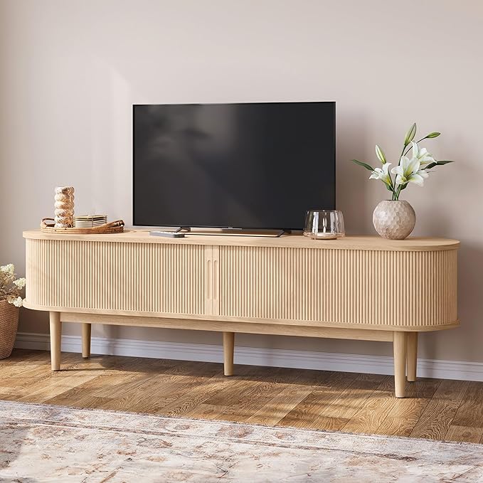 LINSY HOME 70" Fluted TV Stand for TVs up to 80 Inch, Mid Century Modern by LINSYHOME