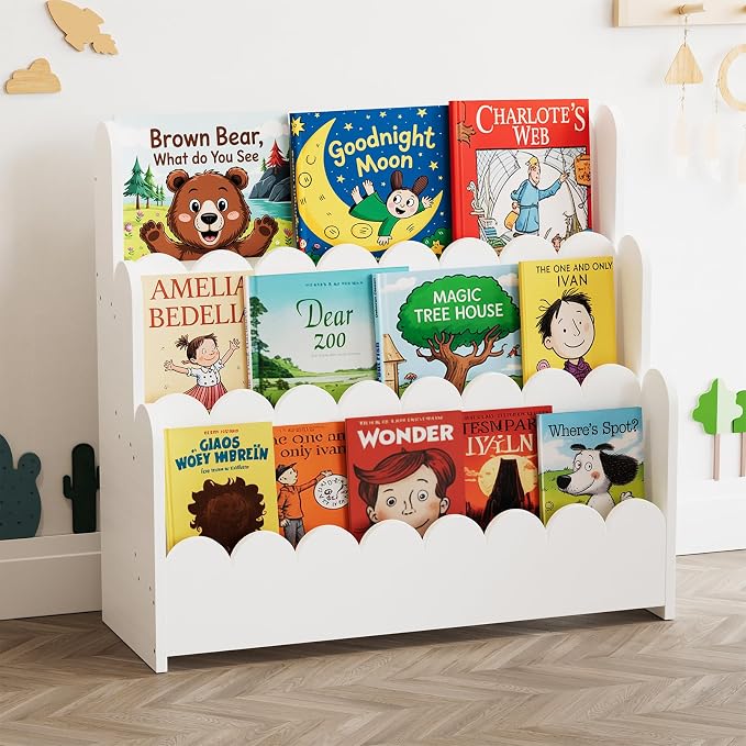 SpaceAid 3-Tier Scalloped Bookshelf, Montessori Bookcase by SpaceAid