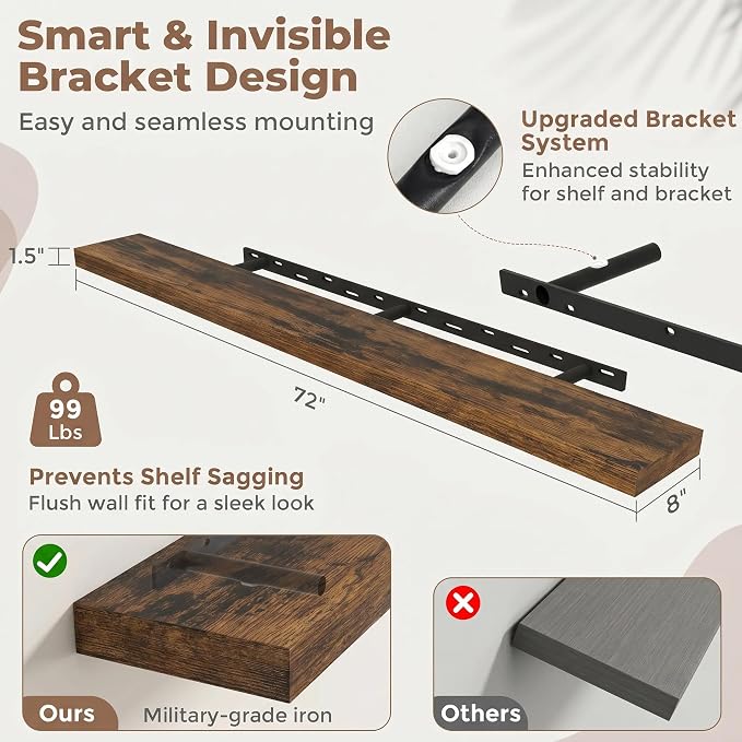 FLYJOE Floating Shelves for Wall, 72 Inch Floating Shelves Set of 2, Kitchen - Image 2