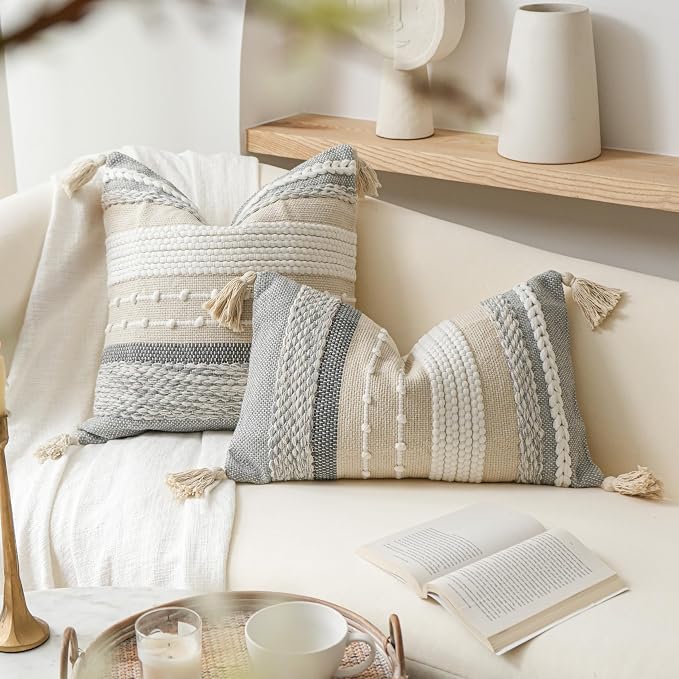 Decorative Lumbar Throw Pillow Cover 12x20 Boho Gray Accent Cushion - Image 5