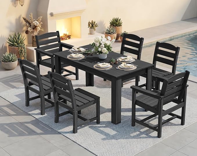 SERWALL HDPE Dining Set for 6: 1 Umbrella Hole Table, 4 Armless + 2 Armchairs. - Image 4