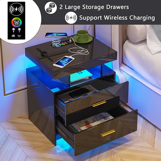 HNEBC Auto LED Nightstands Set of 2, Modern Bedside Table - Image 7