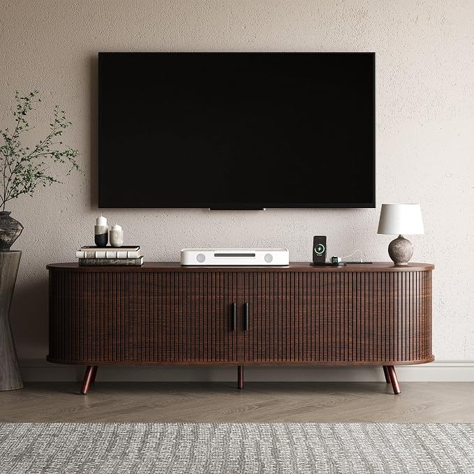63 inch TV Stand with Power Outlet, Fluted Entertainment Center by Unknown