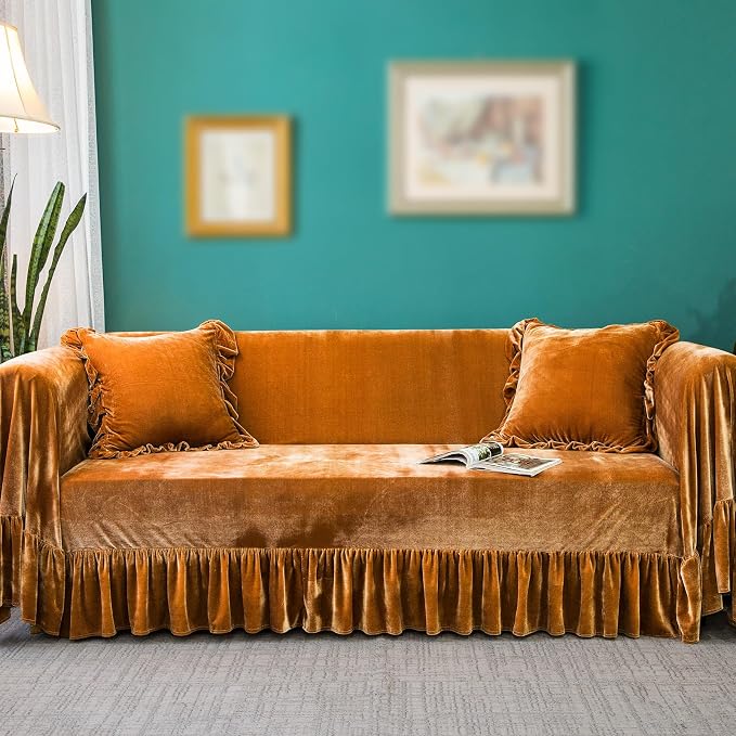 GLORY SEASON Velvet Sofa Cover Soft Decorative Luxurious Solid Exquisite Ruffle by GLORYSEASON