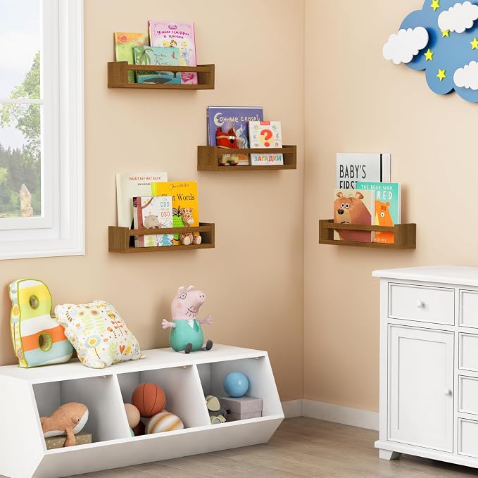 Forbena Dark Wood Nursery Kids Bookshelf Wall Mounted, Wooden Floating Nursery - Image 2