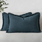 MIULEE Linen Fringe Decorative Lumbar Throw Pillow Covers Navy Blue 12x20 | Set by MIULEE