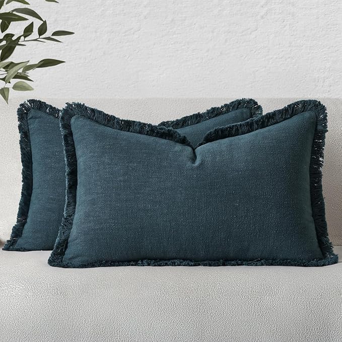 MIULEE Linen Fringe Decorative Lumbar Throw Pillow Covers Navy Blue 12x20 | Set by MIULEE