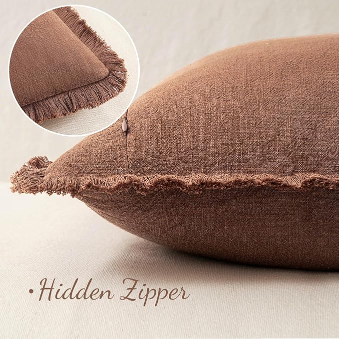 MIULEE Boho Linen Fringe Decorative Fall Throw Pillow Covers Brick 18x18 | Set - Image 3