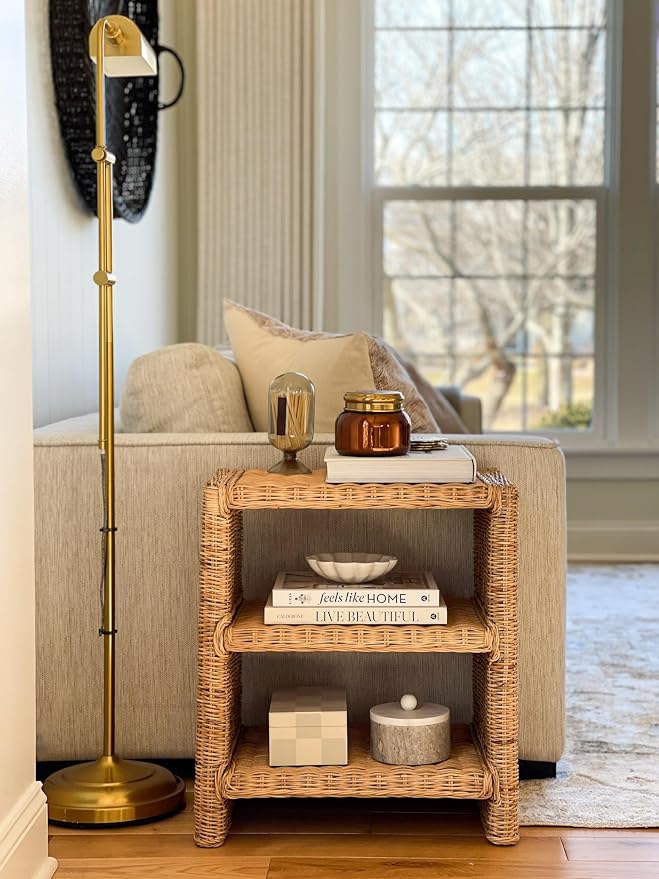 JONATHAN Y Praerie Natural Woven Rattan and Mango Wood 3-Tier End Table - Image 5