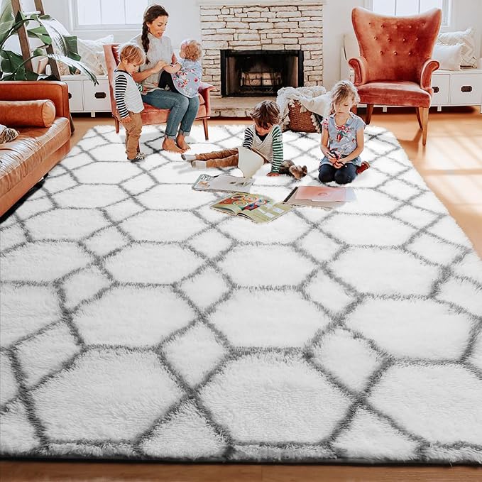 Area Rugs for Living Room, 5x8 Fluffy White and Grey Bedroom Geometric Rug | - Image 7