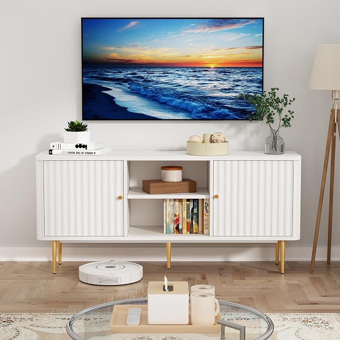 ARTPOWER 55” Fluted TV Stand, Mid Century Modern White TV Stand - Image 4