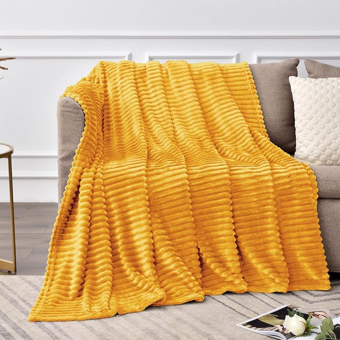 BEDELITE Ribbed Mustard Yellow Fleece Throw Blanket - Image 3