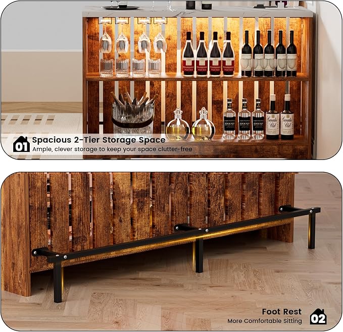 Home Bar Unit with LED Lights and Charging Station, Imitation Marble Mini - Image 5