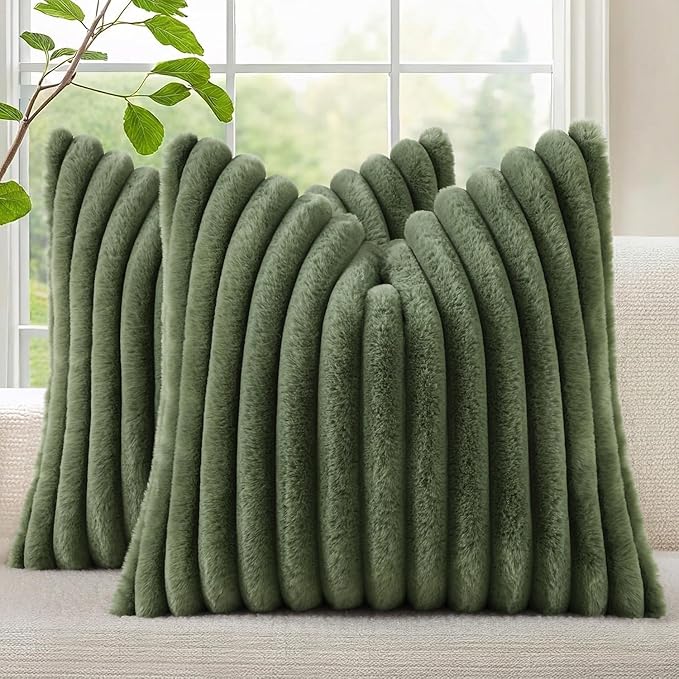 decorUhome Fall Faux Fur Throw Pillow Covers 22x22 Set of 2 Olive Green | by decorUhome