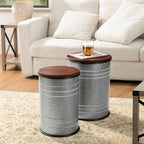 Glitzhome Rustic End Table Set of 2, Farmhouse Galvanized Metal Barrel Ottoman - Image 10