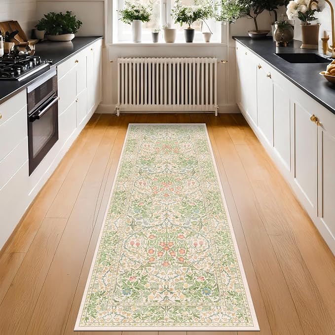 Non Slip Beige Green Bathroom Runner Rug - Image 9