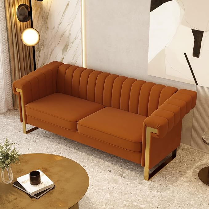 Mid-Century Modern Orange Velvet Sofa - Image 3