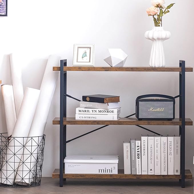 HCHQHS Bookshelf, 3-Tier Industrial Bookcase, Rustic Open Book Shelf, Wood and - Image 5