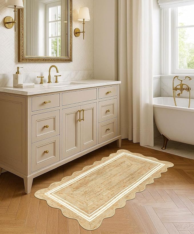 Front Door Mat - 2x4.3 Neutral Farmhouse Scalloped Small Runner Rug | Washable - Image 7