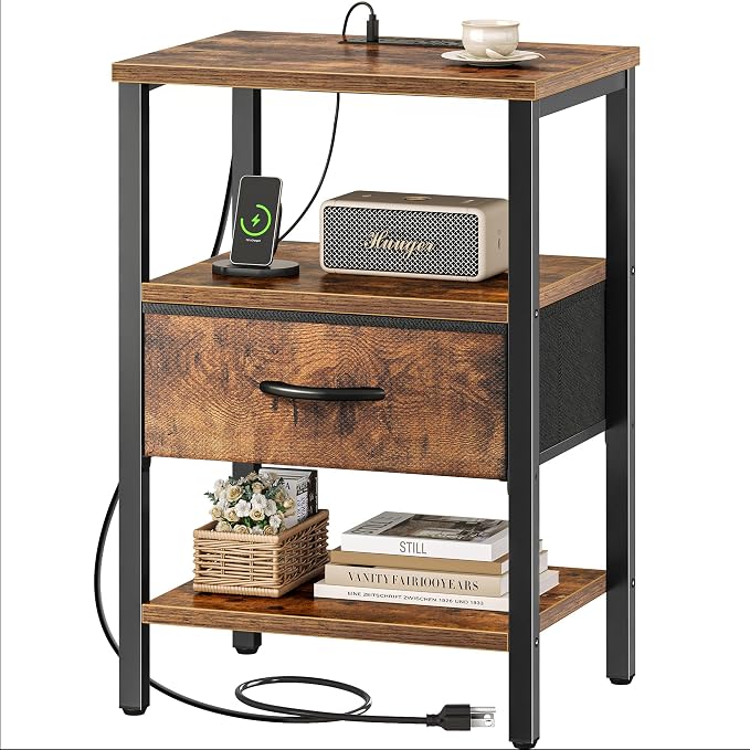 SUPERJARE Nightstand with Charging Station, Bed Side Table with Adjustable by SUPERJARE