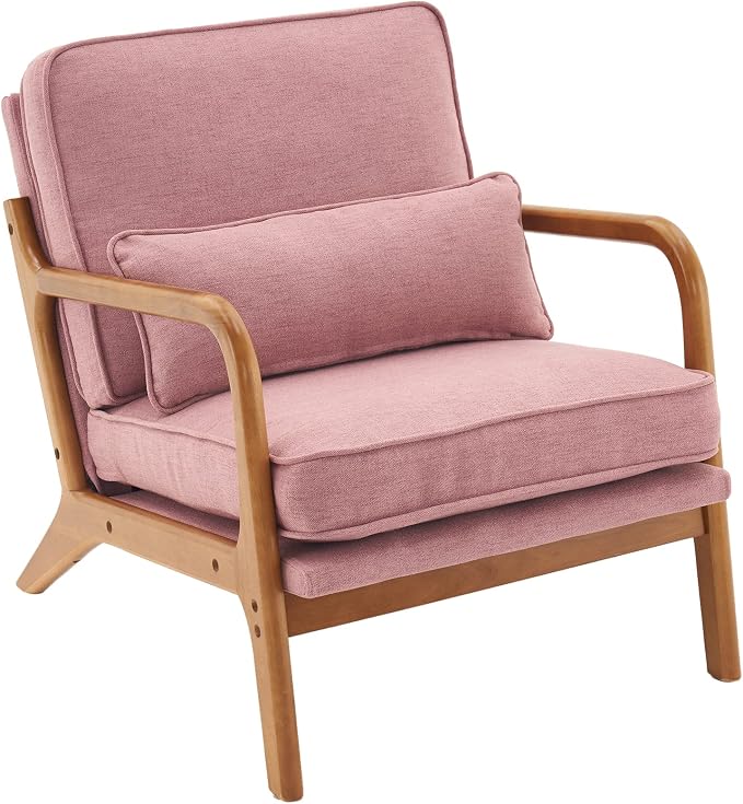 Bonnlo Linen Pink Mid Century Modern Accent Chair, Soild Wood Padding Lounge - Image 7