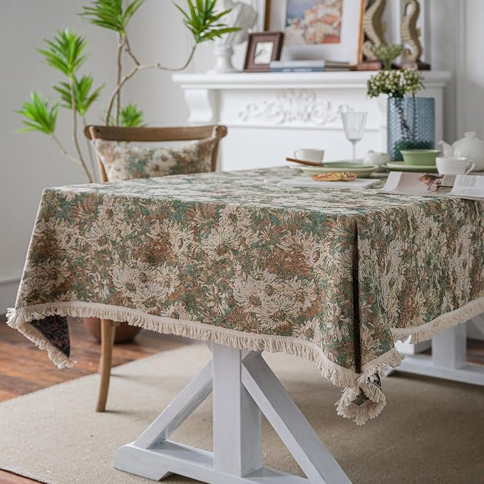 Aesthetic Green and Beige Floral Table Cloth, Linen Texture Table Cloth by VCLIFE