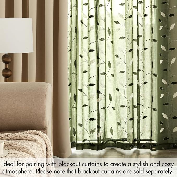 MIULEE Olive Green Sheer Curtains 2 Panels Leaf Patterned, W52 x L96 | - Image 7