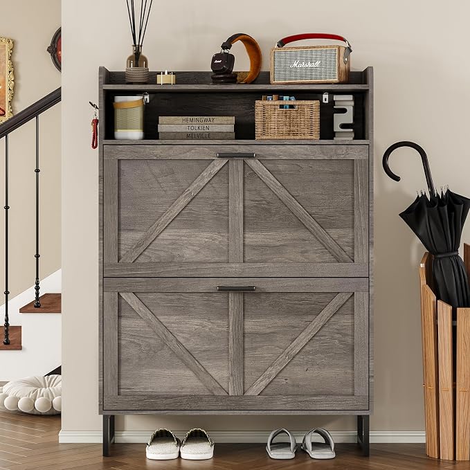 BORNOON Shoe Cabinet with 2 Flip Drawers Narrow Shoe Storage Organizer Wooden - Image 4